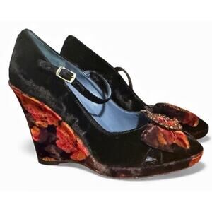 Via Spiga Black Red Orange Floral Velvet Wedge Peep Toe Heel Buckle Women's 6